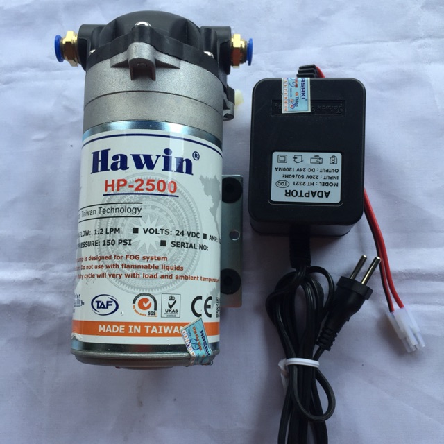Bộ bơm phun sương tăng áp Đài Loan Hawin 2500 Kèm nguồn 24V Bảo hành 6 tháng