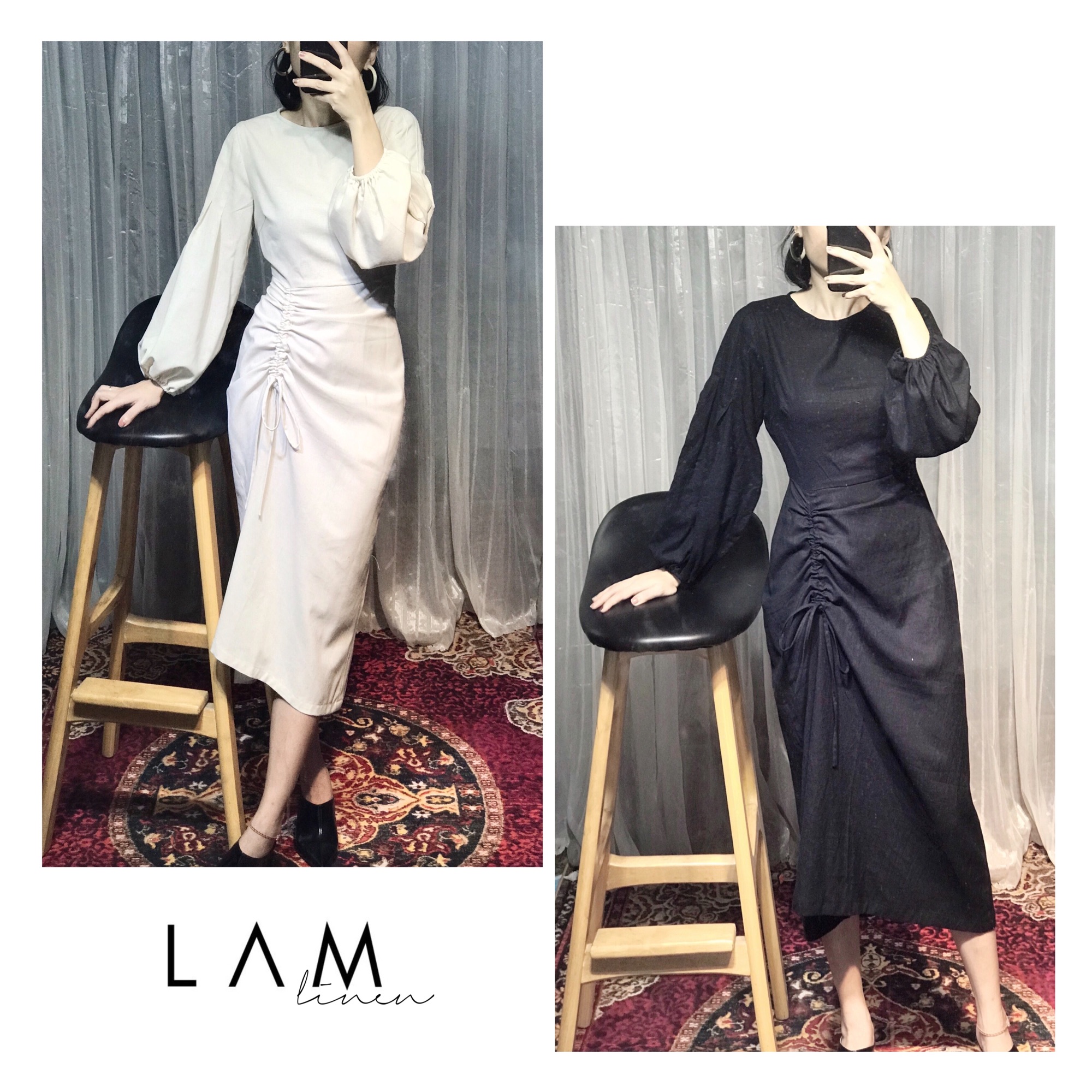 Đầm tay dài rút nhún vải Linen