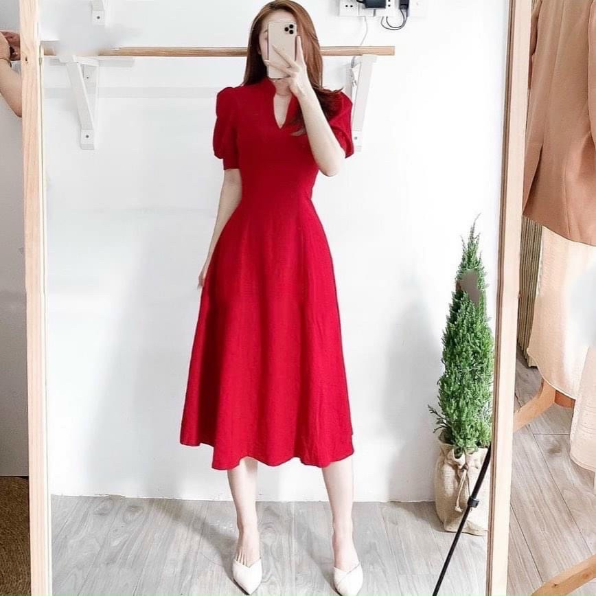 Đầm cổ trụ form dài 2 màu