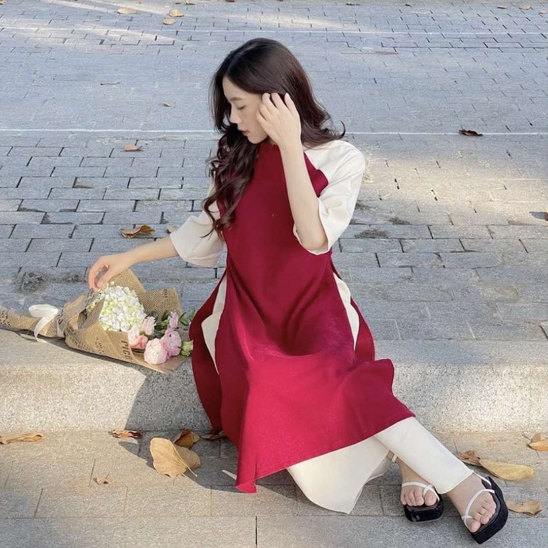 Áo dài cách tân - Bộ áo dài nữ màu trơn tay lửng mẫu mới tết 2023 chất lụa mềm mại loại 1 cao cấp