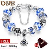 BAMOER Free Shpping Authentic Silver Plated Pink Round Pendant Bracelet with Safety Chain for Women Original Jewelry PA1852