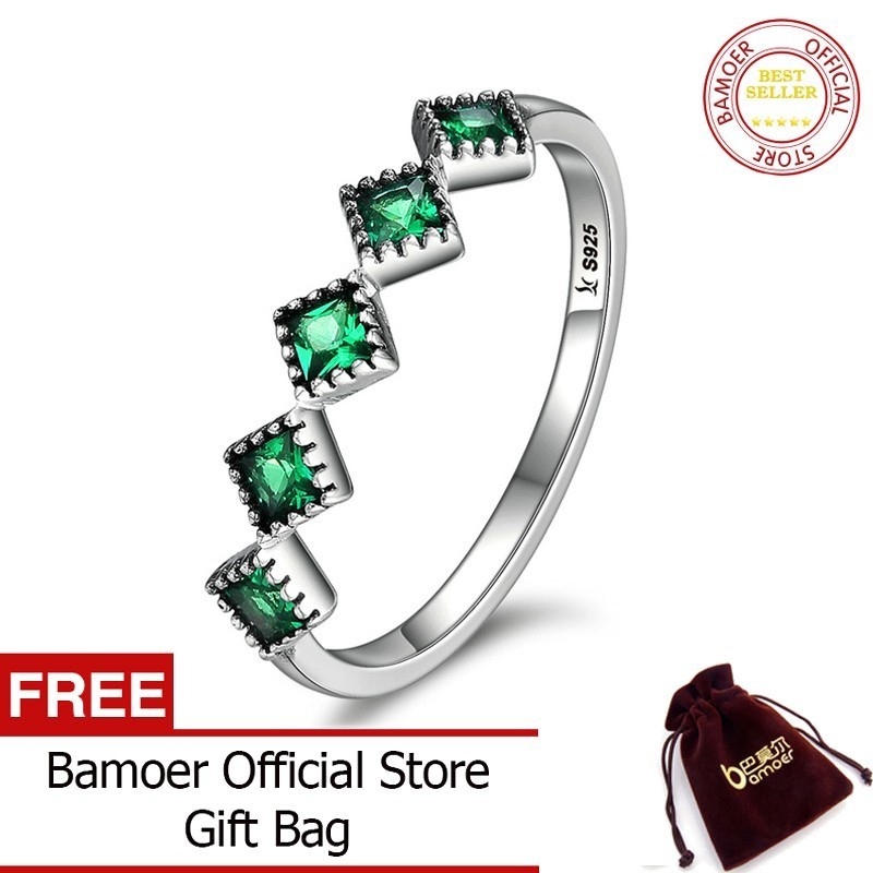 BAMOER Miễn Phí Shpping Chất Lượng Cao 925 Sterling Silver Bạc Stackable Vuông Màu Xanh Lá Cây CZ Ngón Tay Nhẫn, Đối Với Phụ Nữ, Quà Tặng Trang Sức Đính Hôn Đám Cưới SCR097