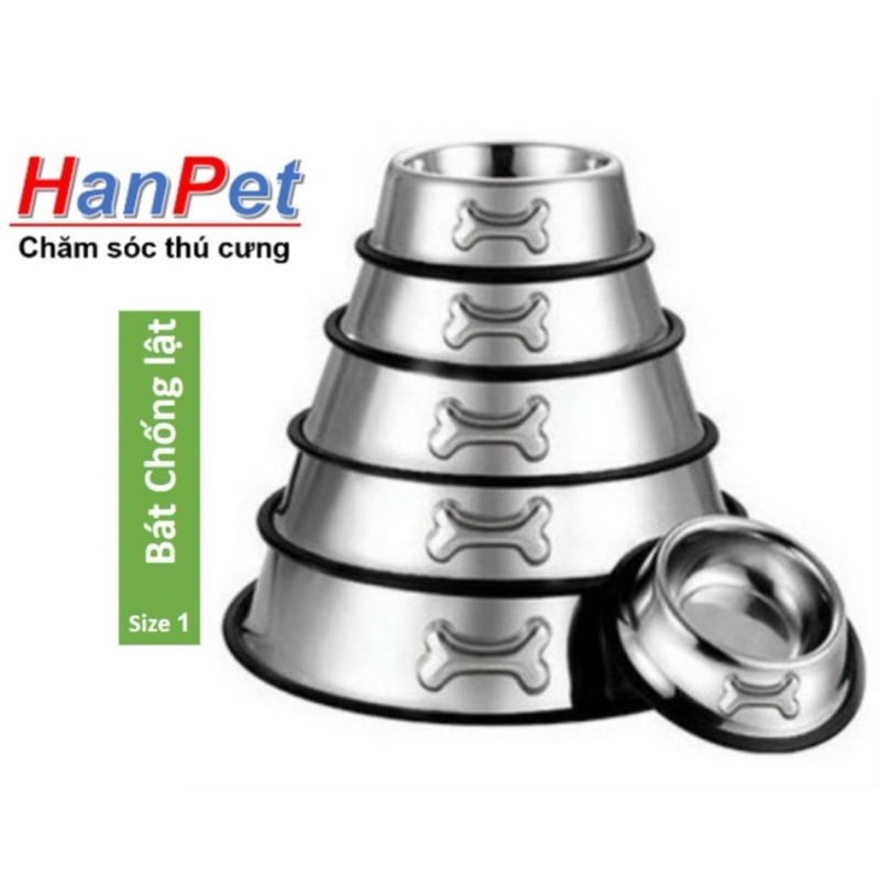 Hanapet-Bát / chén ăn inox KHÔNG GỈ chống lật size 1 dành cho chó mèo dưới 5kg (đường kính 15cm)- 353a