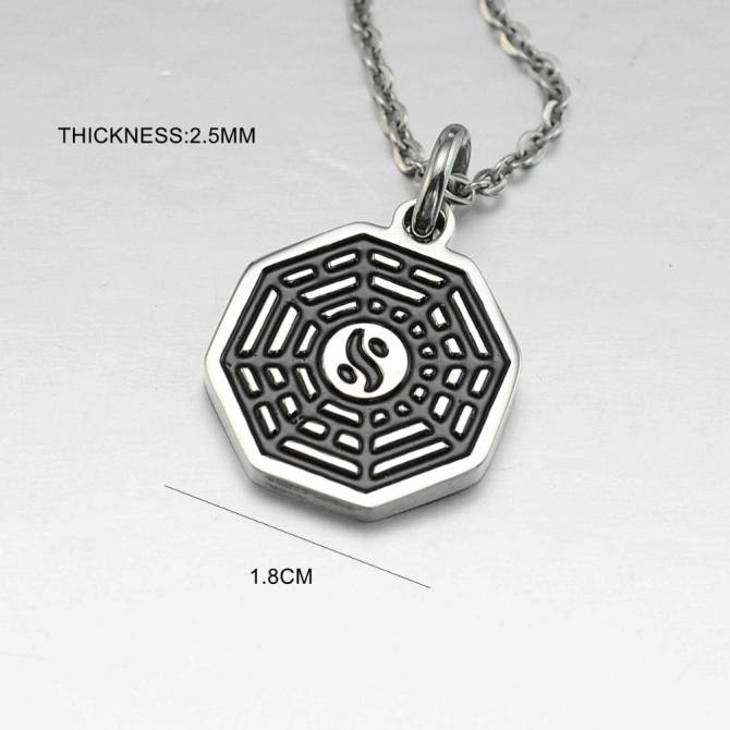 Black Enamel Silver Tone Stainless Steel Yin Yang Eight Diagrams Pendant Necklace 45CM Long 03 -