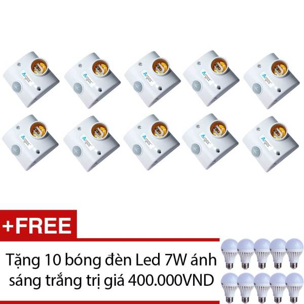 Bộ 10 đuôi đèn cảm biến hồng ngoại Argos TR02 + Tặng 10 bóng đèn Led 7W ánh sáng trắng