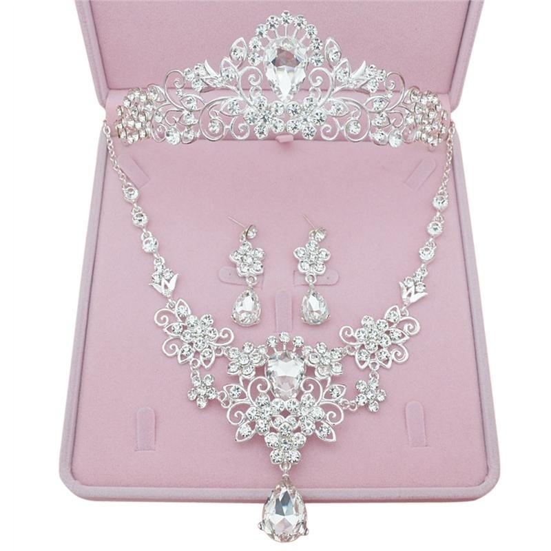 Cưới cô dâu Bộ Trang Sức Ngọc Trai Pha Lê Tiara với Ren Tòn Ten Hoa Tai Vòng Cổ & Hộp Quà Tặng (màu trắng bạc) -quốc tế