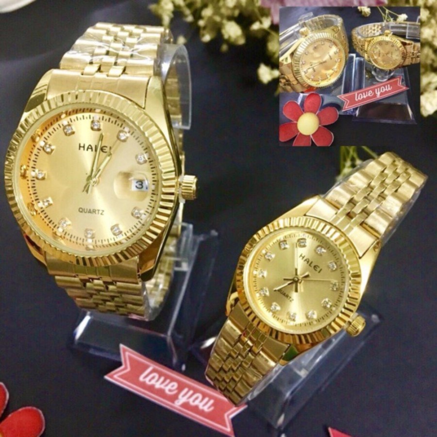 Cặp Đồng hồ Halei nam nữ cao cấp chống xước, chống nước tuyệt đối (Giá 1 đôi) dây vàng mặt vàng