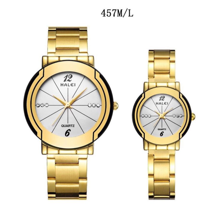Cặp Đồng hồ Halei nam nữ cao cấp chống xước, chống nước tuyệt đối (Giá 1 đôi) dây vàng mặt trắng