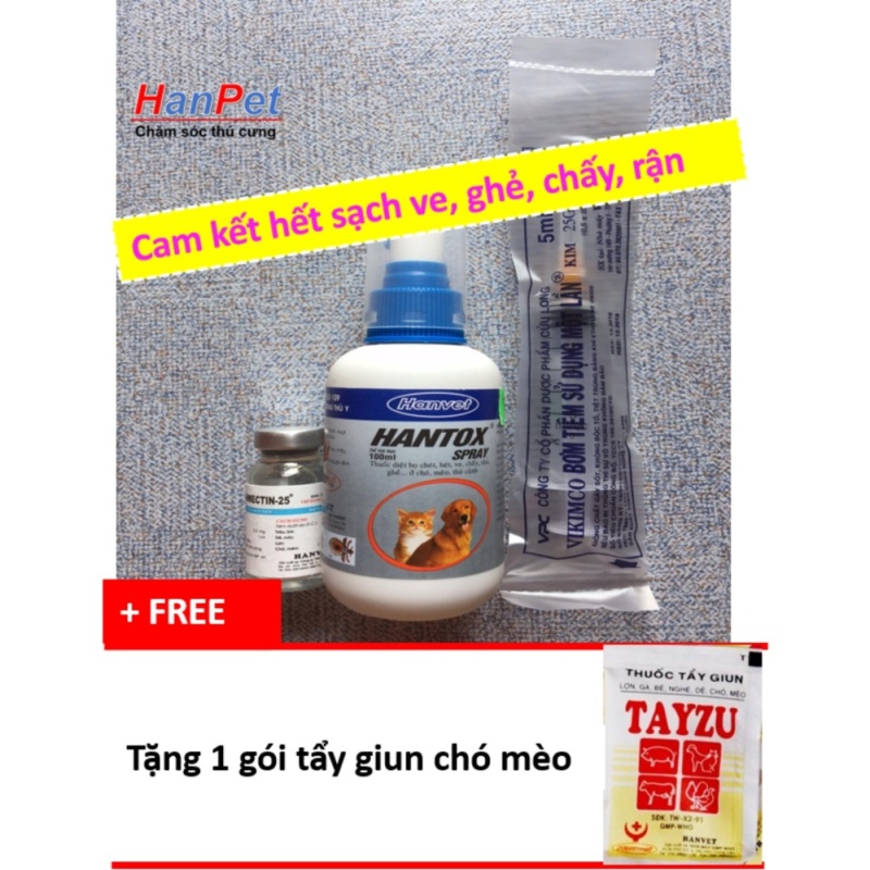 {Miễn phí HN+HP}-Đặc trị ghẻ chó, tiêu diệt ve rận bằng Combo UỐNG-TIÊM-XỊT (hanpet 405) - tặng 1 gói tẩy giun chó mèo