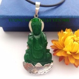 Dây chuyền phật Quan Âm cẩm thạch tự nhiên bọc bạc - mặt 5x2,4cm (xanh đậm)