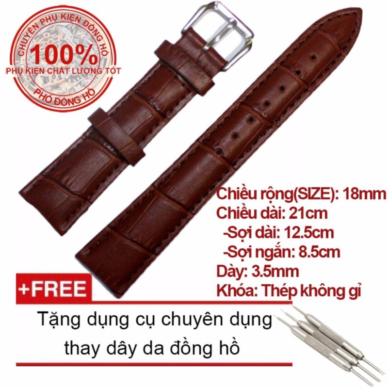 Dây da cao cấp chống thấm mồ hôi Size 18mm (Màu nâu) + Tặng dụng cụ chuyên dụng thay dây da đồng hồ bán chạy