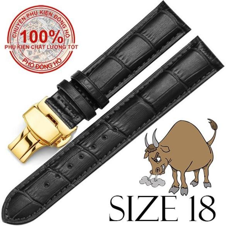 Dây đồng hồ da bò cao cấp SIZE 18mm (đen) kèm khóa bướm thép không gỉ 316L (vàng) bán chạy