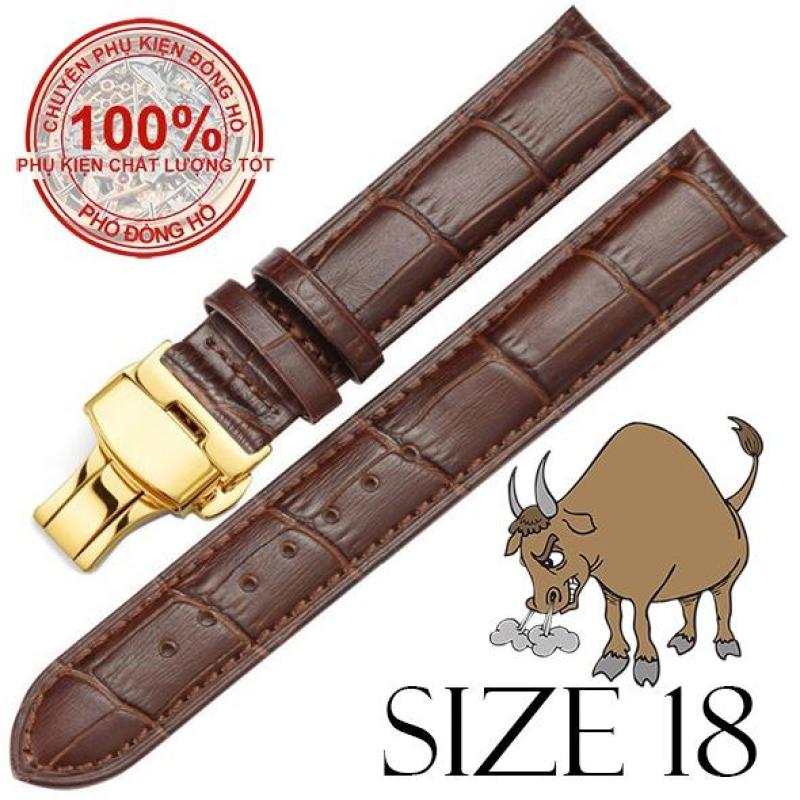 Dây đồng hồ da bò cao cấp SIZE 18mm (nâu) kèm khóa bướm thép không gỉ 316L (vàng) bán chạy