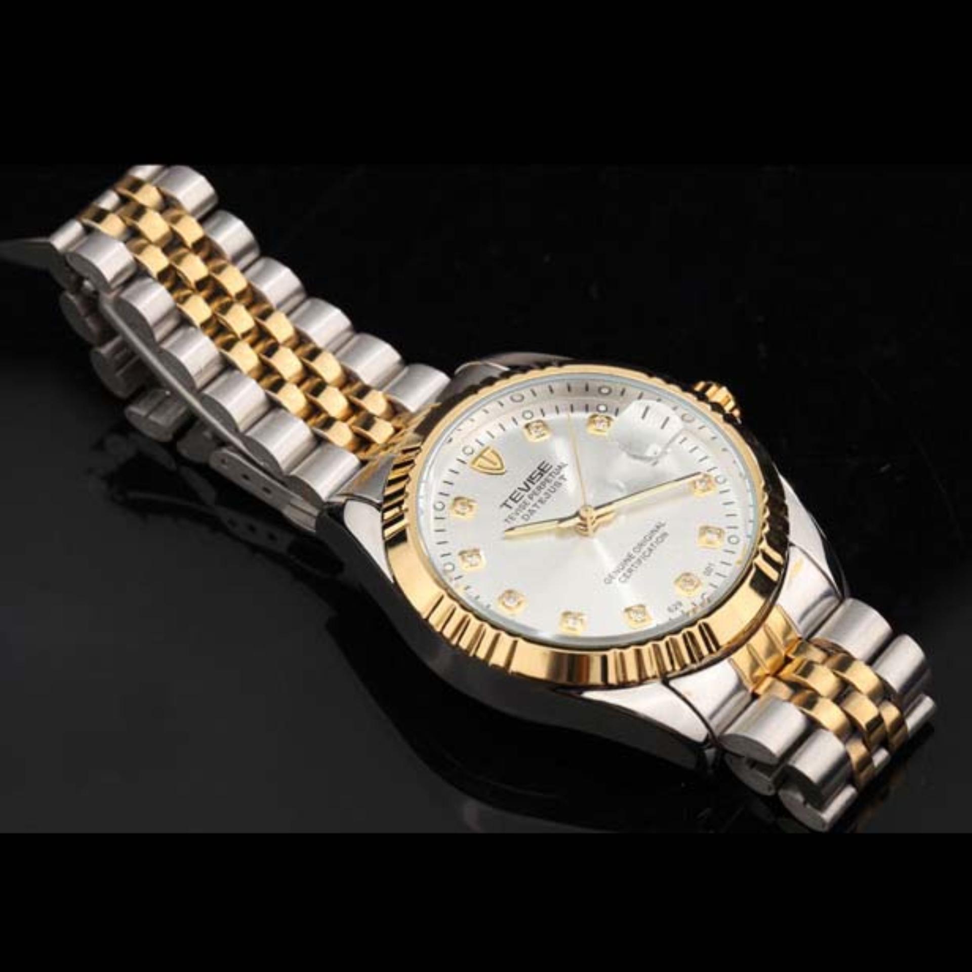 Đồng hồ cơ nam Tevise 629 Automatic dây thép không gỉ (Mặt trắng dây sọc vàng)
