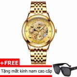 Đồng hồ cơ rồng vàng nam dây inox đặc Tevise 1007