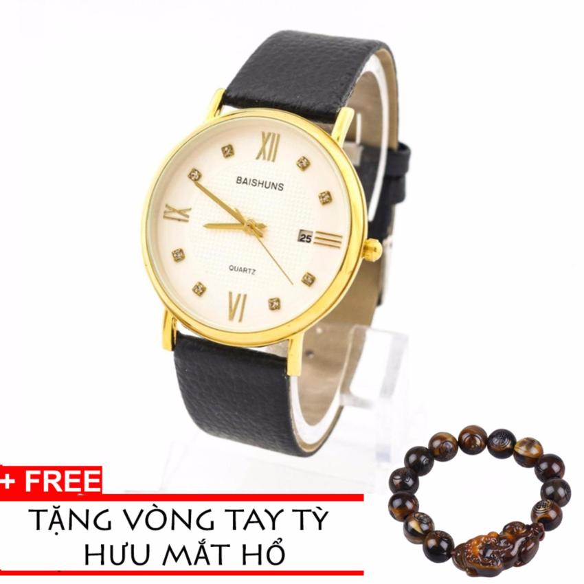 Đồng hồ nam dây da BAISHUNS dây đen mặt trắng
