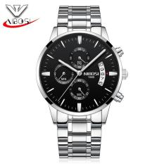 Đồng hồ nam Nibosi 1985 dây thép đúc cao cấp chạy 6 kim chống xước chịu nước (Mặt đen dây bạc) bán chạy