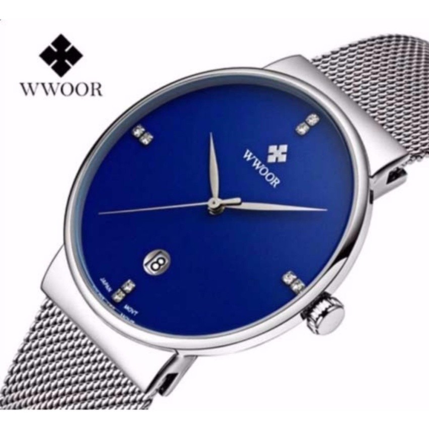 Đồng hồ nam WWOOR 8018 máy mỏng dây thép không gỉ (Xanh)