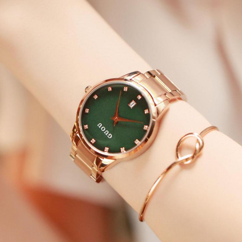 Nơi bán Đồng hồ nữ GUOU đẳng cấp doanh nhân dây thép vàng hồng mặt đính đá TP-G8186