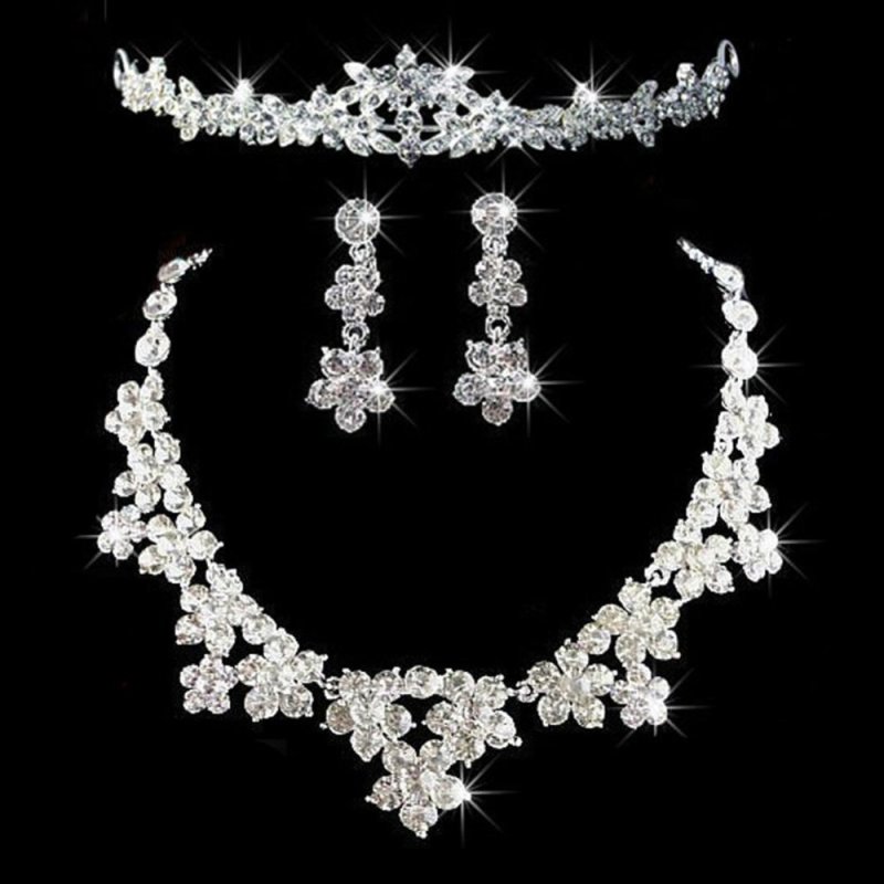 Elegant Luxurious Diamante Rhinestone Necklace Earring Crown Set Wedding(Intl)