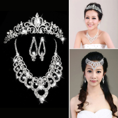 Elegant Luxurious Rhinestone Necklace + Earring + Crown Set - Intl