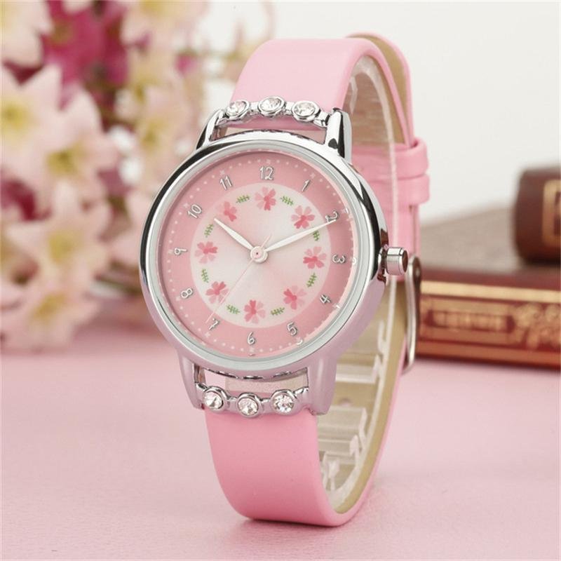 Girls Kids Children Watches Rhinestone Flower Leather strap Wristwatches Student Cartoon Quartz Watch - intl bán chạy