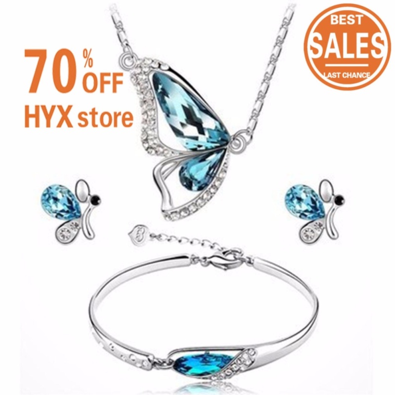 HYX HOT SALE!!!3PC Set Women Rhinestone Butterfly Pendant Choker Necklace Earrings Bracelet Set - intl