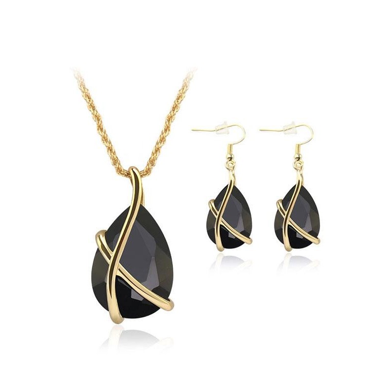 JollyChic Đen Thanh Lịch Giọt Nước Mặt Dây Chuyền Bông Tai Filigree nữ Bộ Trang Sức (Đen)-quốc tế