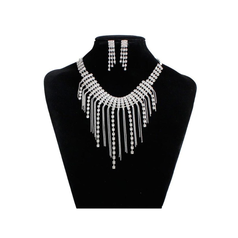 JollyChic nữ Bộ Trang Sức Đá Tua Rua Mặt Dây Chuyền Bông Tai Vòng Cổ Phụ Kiện (Bạc)-quốc tế