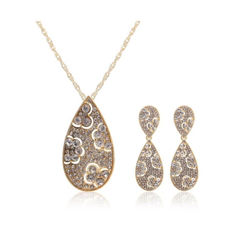 JollyChic Vòng Cổ nữ & Bông Tai Hình Giọt Nước Phối Ren ốp Hoa Mặt Dây Chuyền Tinh Tế Phụ Kiện (Vàng) (Vàng)-quốc tế