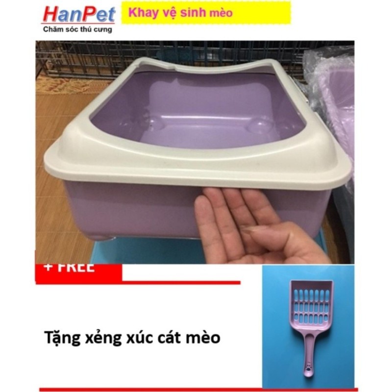 Khay vệ sinh mèo, Khay đựng cát vệ sinh cho mèo có gờ chống bắn cát ra ngoài (sunzin hn 376) + tặng kèm 1 xẻng xúc cát mèo