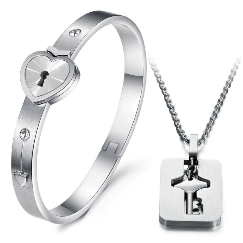 La Vie Đồng Tâm Key & Khóa của Người Yêu Dành Cho Cặp Đôi Vòng Cổ Lắc Tay & Vòng Đeo Tay (Màu Bạc)-quốc tế