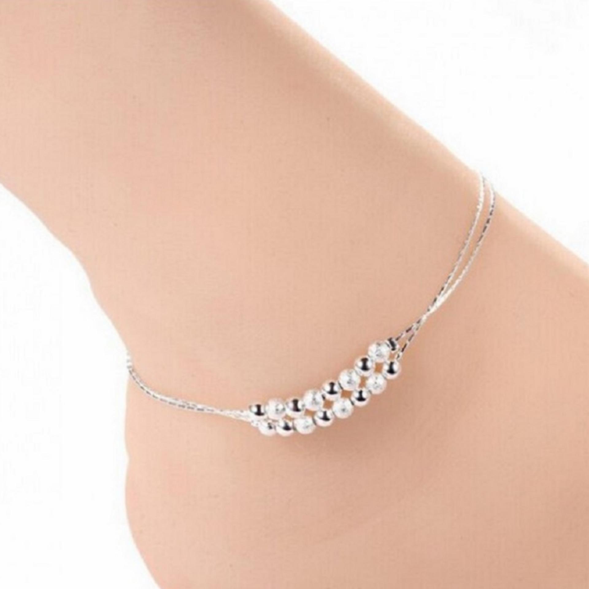 Lắc chân bạc hạt cườm lấp lánh (Bạc)