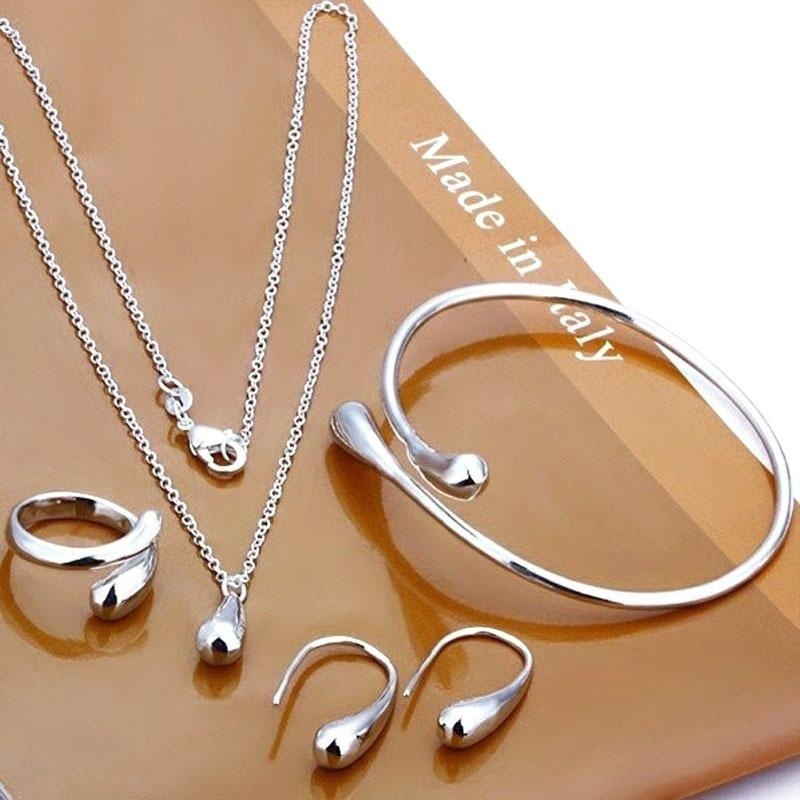 Ladies Water Drop Ear Dangle Earrings Chain Bracelet Pendant Necklace Ring Set - intl
