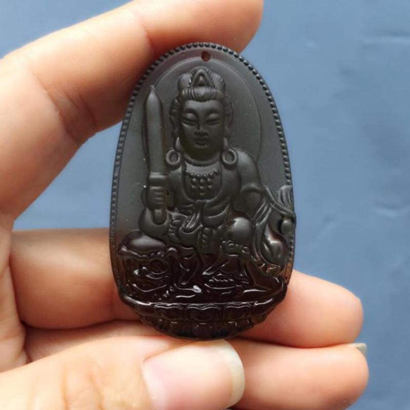 Mặt Dây chuyền hình phật bản mệnh Văn Thù Bồ Tát đá thạch anh khói (Xám)