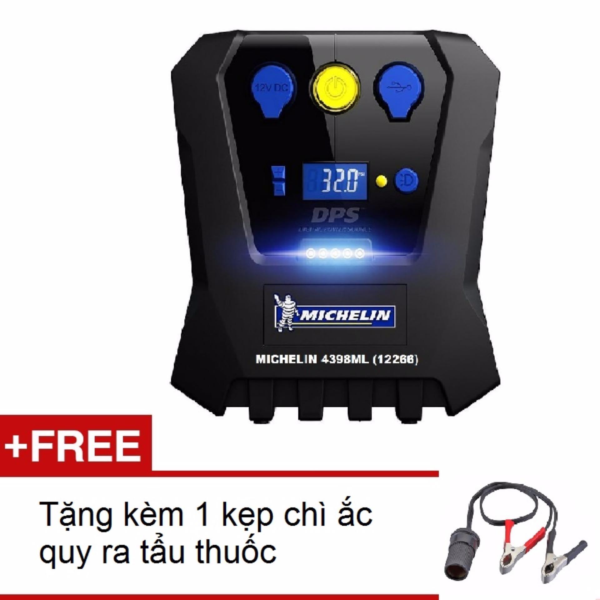 Máy bơm lốp 12V ô tô MICHELIN 12266 (Đen) + Tặng kèm 1 kẹp chì ắc quy ra tẩu thuốc