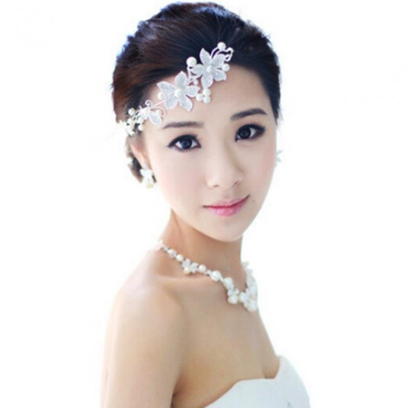 Moonar Hạt Pha Lê Khảm Hoa Mẫu Tóc Sang Trọng Cô Dâu Mũ Đội Đầu Trán Ornamen (Trắng)