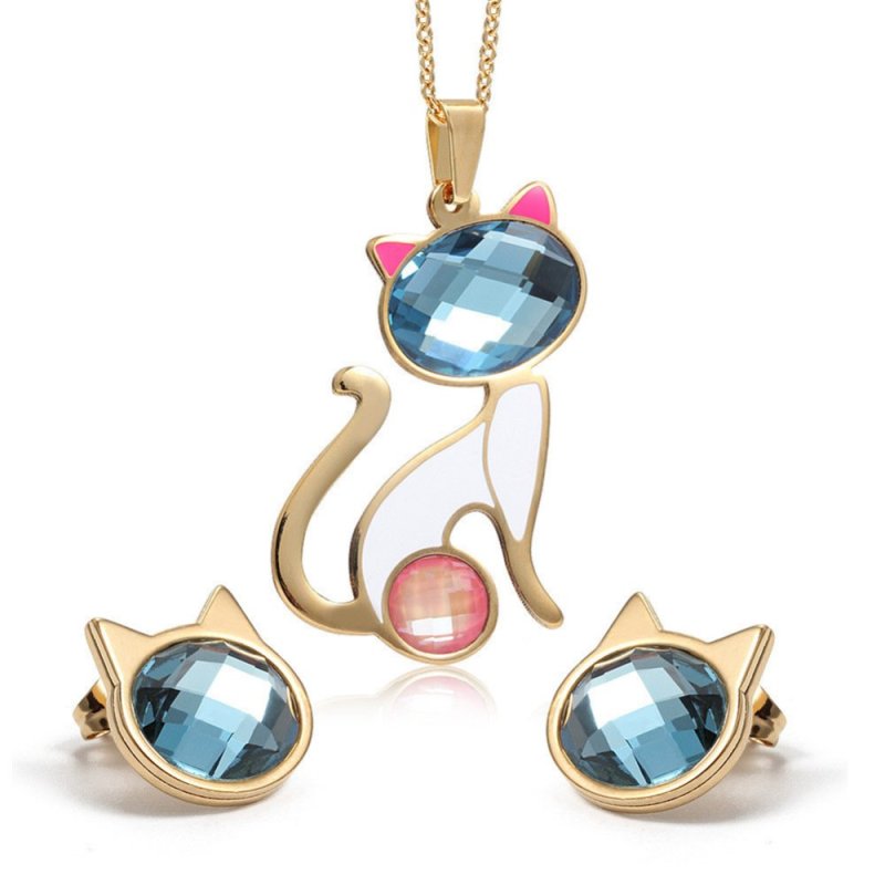 Necklace + Earrings Jewelry Seyts 2016 Crystal Cat Jewelry Sets For Women Fashion Stainless Steel Gold Jewelery - intl