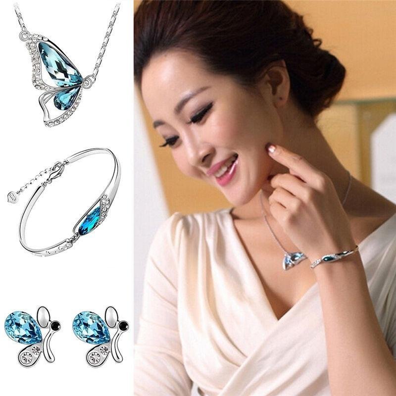 Bướm mới Bộ Trang Sức Dây Chuyền + Bông Tai + Vòng Tay Pha Lê Thời Trang-quốc tế