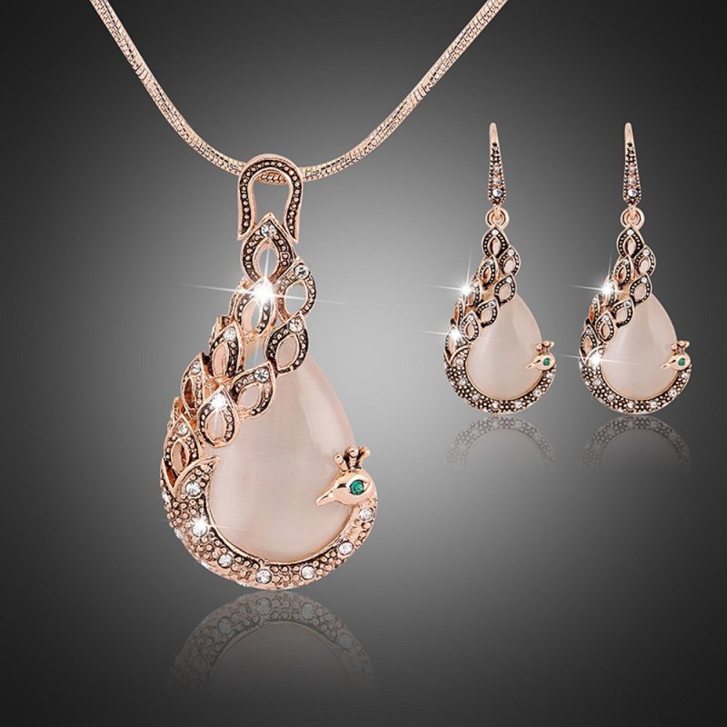 Rich Long Rose Gold Plated Gemstone Crystal Rhinestone Necklace Earrings Jewelry Sets - intl