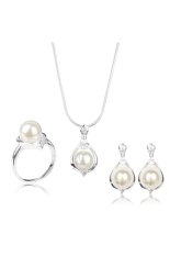 RIS Womens .925 Sterling Silver Plated Water Drop Pearl Pendant Necklace Earrings Ring Jewelry set - intl