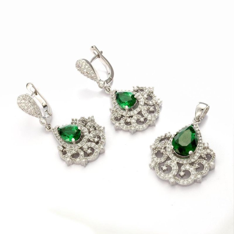 Bộ Bông tai Dây Chuyền Xanh Hình Giọt Nước Đính Đá Zircon Đồng Cô Dâu Nữ Tặng Vũ Hội-quốc tế