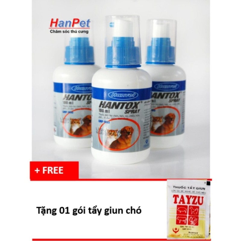 Hanapet-Thuốc trị ve, ghẻ, chấy, rận, bọ chét trên chó mèo, dạng xịt 100ml - 310 (tặng 1 gói tẩy giun chó).