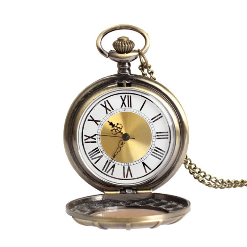Độc đáo Vintage Lớn Số La Mã Vàng Mặt Đồng Hồ Bỏ Túi với Dây Kim Loại (Nâu) (Quốc Tế)