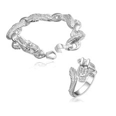 Vintage silver plated Chinese Dragon bangle ring jewelry set - intl