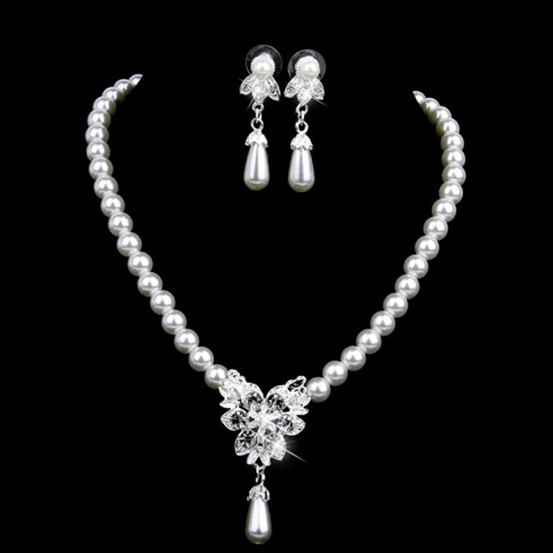 Vintage Wedding Party Jewelry Rhinestone Faux Pearl Necklace Earrings Set - intl