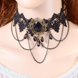Vòng cổ choker phối hợp ren đen và đá đen cực quyến rũ