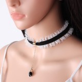Vòng cổ choker thun đen viền thêu ren hoa trắng phong cách vintage