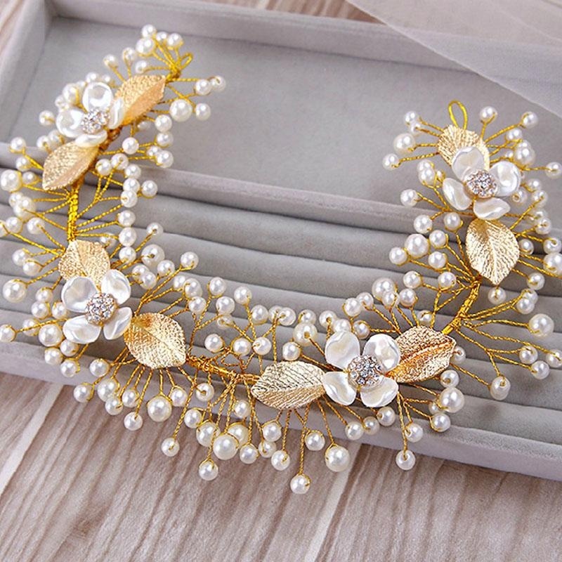 Đám cưới Phụ Kiện Tóc Đầu Trang Sức Vàng Lá Mũ Đội Đầu Lá Đầu Mảnh Ngọc Trai Đá Cô Dâu Đầu-quốc tế