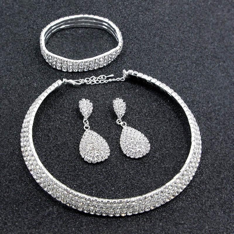 Phụ nữ Kim Cương Giả Choker vòng Cổ + Vòng Tay + Bông Tai Trang Sức Bộ (3 Lớp)-quốc tế